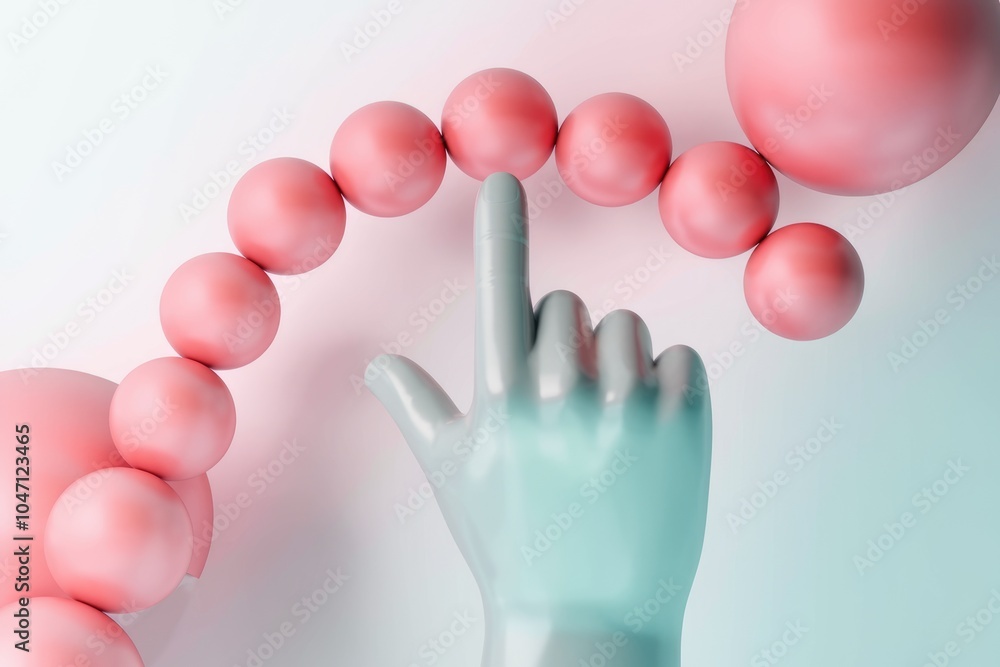 Poster A hand points towards a curved line of pink spheres on a white background.
