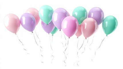 A cluster of pastel-colored balloons including pink, lavender, and mint green, floating in the air against a white background