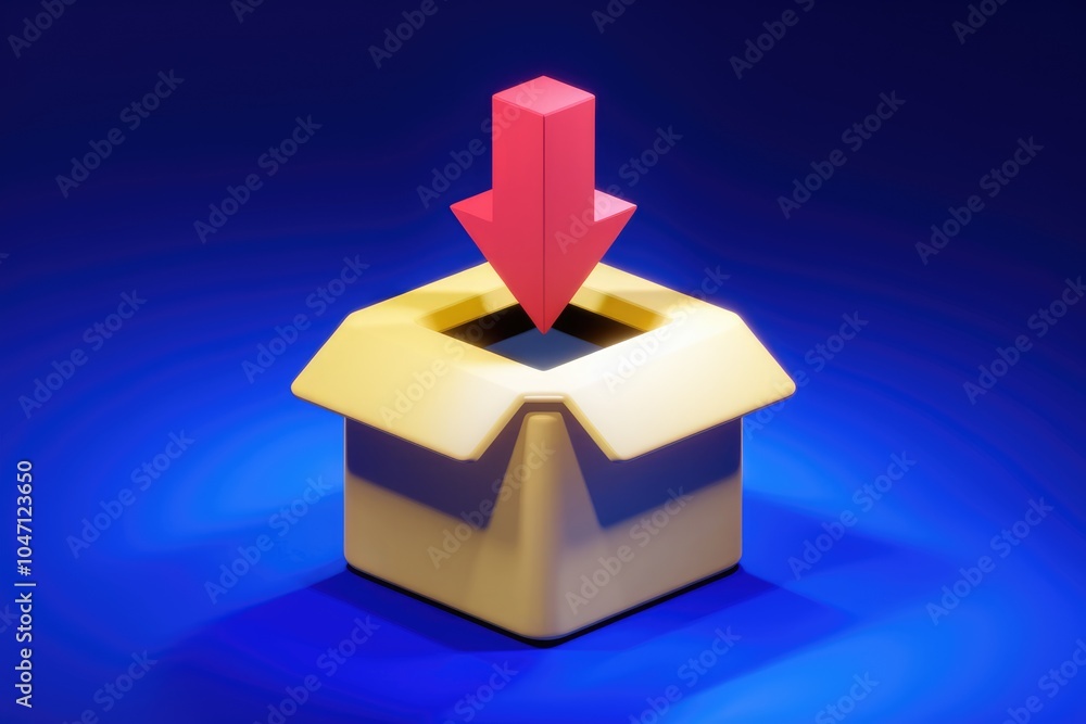 Poster A red arrow pointing down into an open cardboard box  symbolizing downloading.