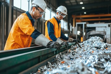 Technicians operating machines that compact recyclable materials for transportation