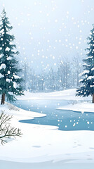 Obraz premium A snowy winter scene with a river and trees in the background.