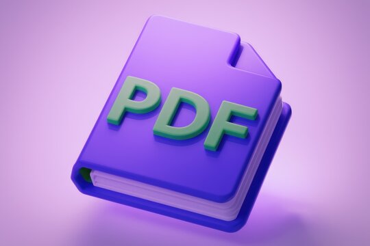 A 3D rendering of a purple PDF file icon.