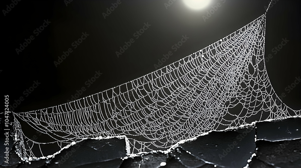 Poster a spider web with dew drops on it against a dark background with a light shining on it.