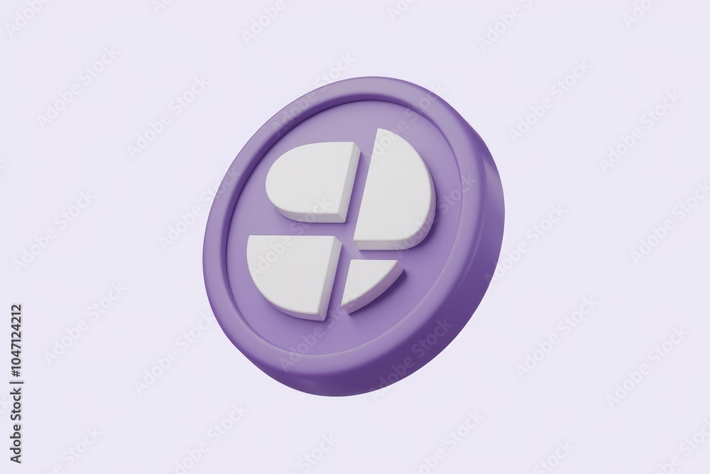 Poster A purple coin with four white segments  representing a pie chart or data visualization.