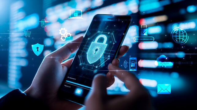 Cybersecurity and Data Protection Concept. A person holding a smartphone with a digital padlock icon on the screen, representing mobile security, data protection, and online safety in the digital age.