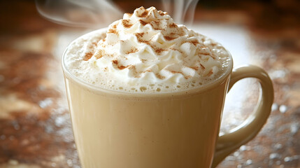 A steaming cup of coffee with whipped cream and cinnamon on top.