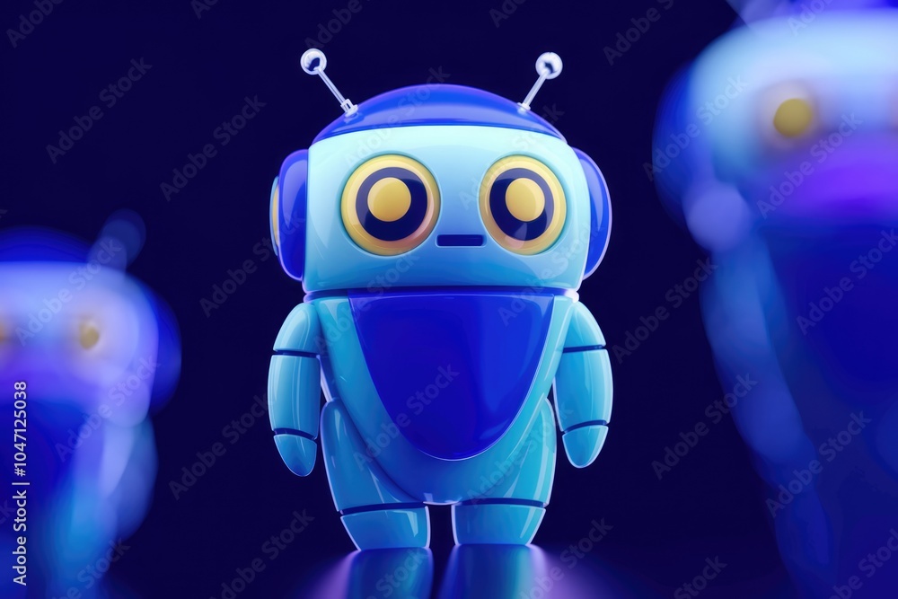 Poster a blue robot with antennas and big eyes stands out against a blurry background of other robots.