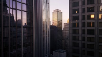 Stunning cityscape with modern skyscrapers and reflective glass windows at sunset