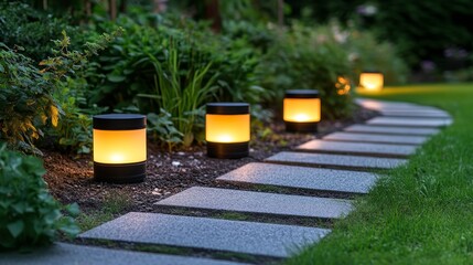 Solar Powered Garden Lights Illuminating the Stone Pathway in the Backyard Garden at Night.