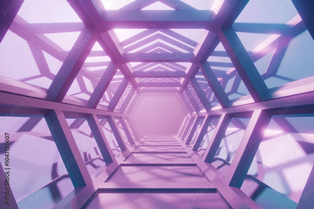 Poster a futuristic geometric tunnel with a hexagonal structure and a bright pink and blue gradient.