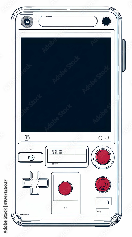 Poster a white handheld gaming console with red buttons and a blank black screen.