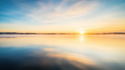 Obraz premium Serene lake at sunset with a beautiful reflection of the sky
