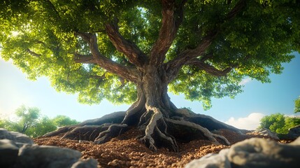 Majestic tree with exposed roots and vibrant green foliage under a clear blue sky, detailed root structure, lush canopy, symbolic of growth and strength in a surreal landscape.