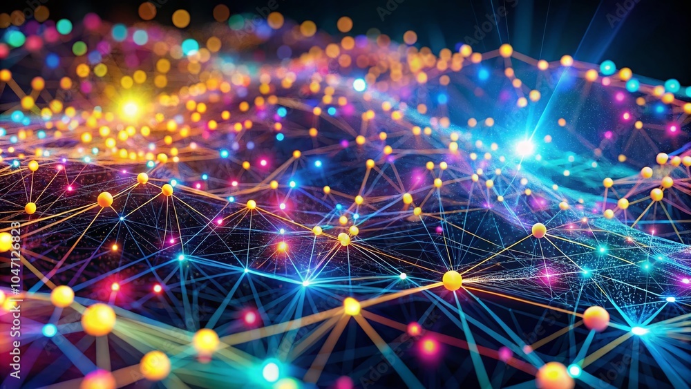 Poster futuristic digital technology abstract with glowing dots and lines on dark background for high-tech 