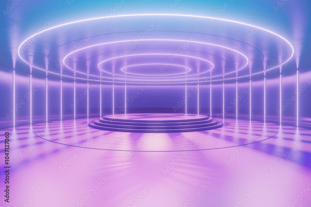 Aufkleber a circular stage with neon lights in a futuristic setting.