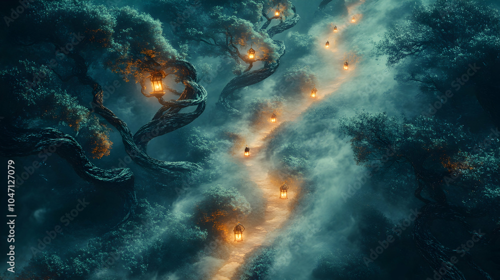 Poster a winding path through a misty forest lit by lanterns hanging from the trees.