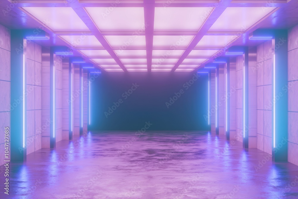 Poster a long empty corridor illuminated by neon lights in pink and blue.