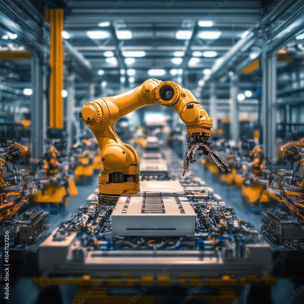 Poster robotic arms working on assembly line in modern car factory. industrial automation 4.0 concept.