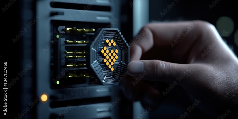 Poster hand inserting hexagon heart shaped data chip into server rack