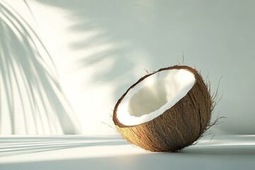 Half coconut with shadows on white background.