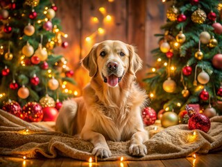 Golden Retriever Surrounded by Christmas Decorations in Cozy Low Light Setting