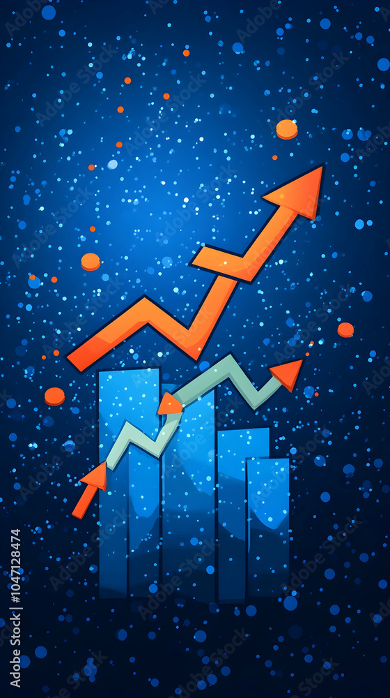 Poster abstract blue background with orange and blue arrows pointing up showing growth on a bar graph.