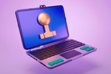 A laptop displaying a golden trophy symbol  representing online success.