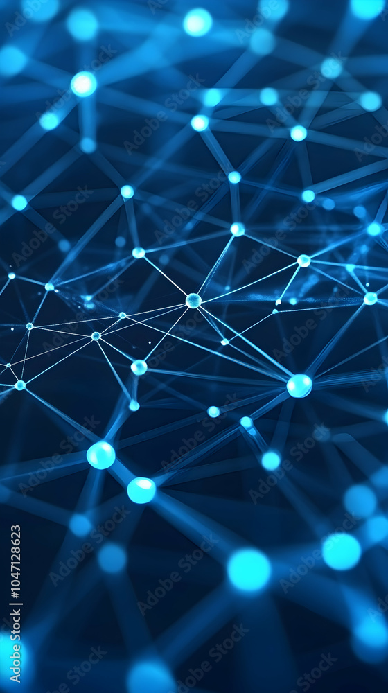 Poster abstract blue network of connected dots and lines on a dark background.