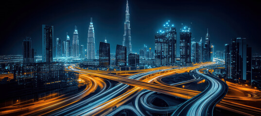 Obraz premium Night view of skyscrapers and traffic movement