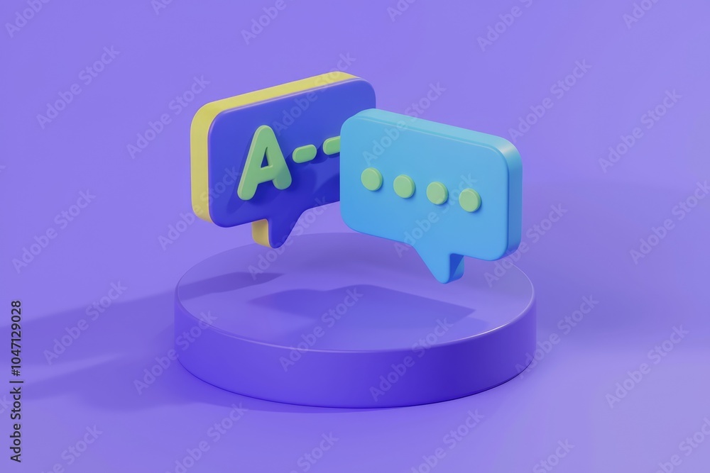Poster two 3d speech bubbles one with the letter a and the other with dots representing communication.