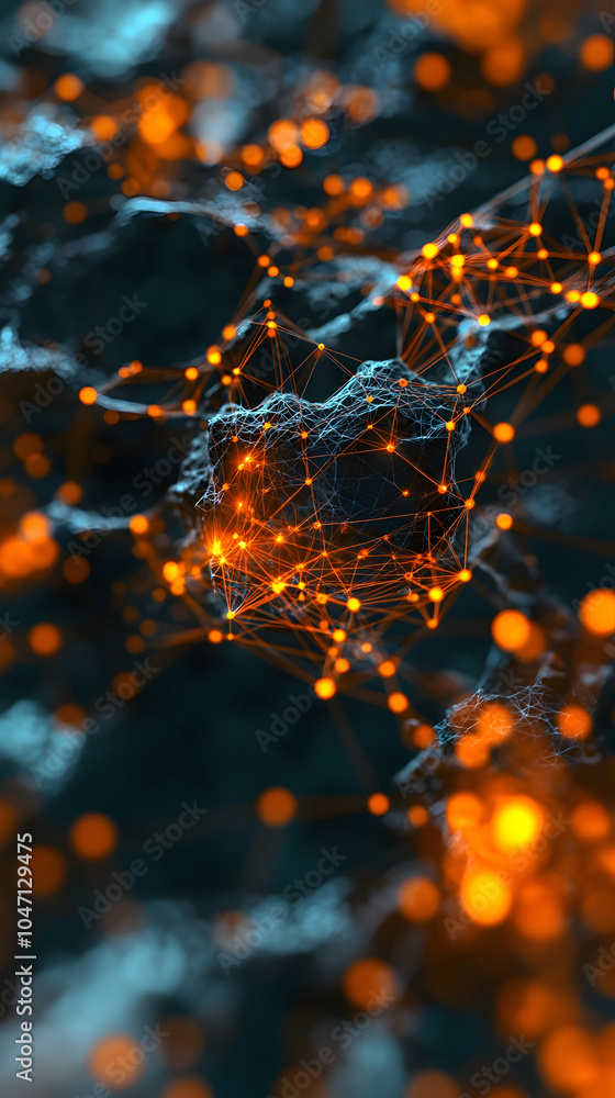 Poster abstract digital network with glowing nodes over a dark textured background.
