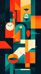 Fototapeta premium Abstract geometric design with clock, hourglass and various shapes in vibrant colors.