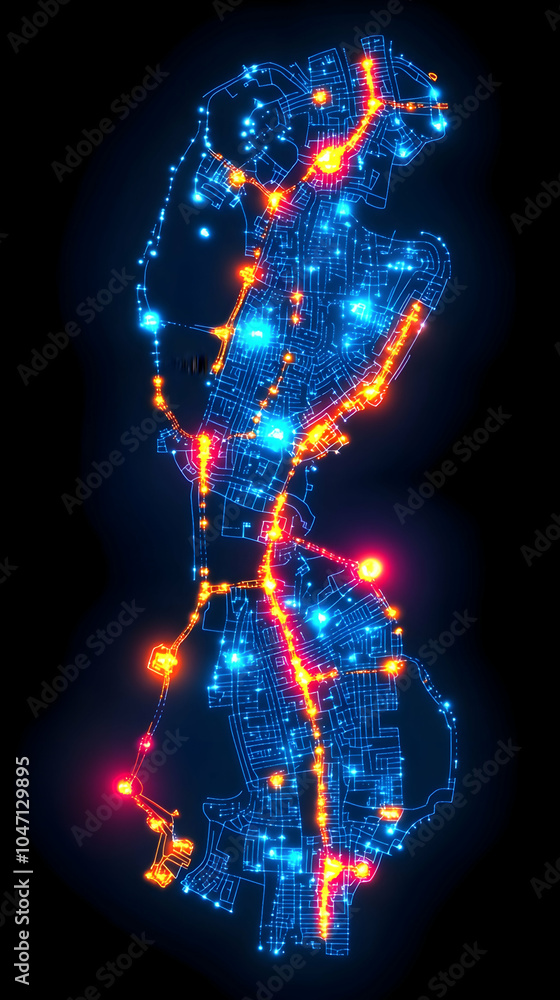 Aufkleber abstract glowing network map with blue and red lines and dots on a dark background.