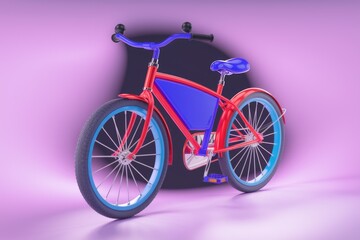 Fototapeta premium A red and blue bicycle with black tires on a pink background