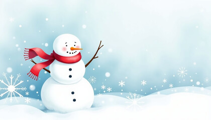 Fototapeta premium Watercolor Christmas card featuring a snowman with a red scarf, surrounded by soft snowflakes, light blue and white palette, minimal and cozy atmosphere, large snowman figure with simple details