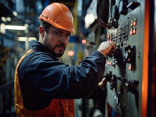 Worker in a factory adjusting controls on a large industrial machine, close-up