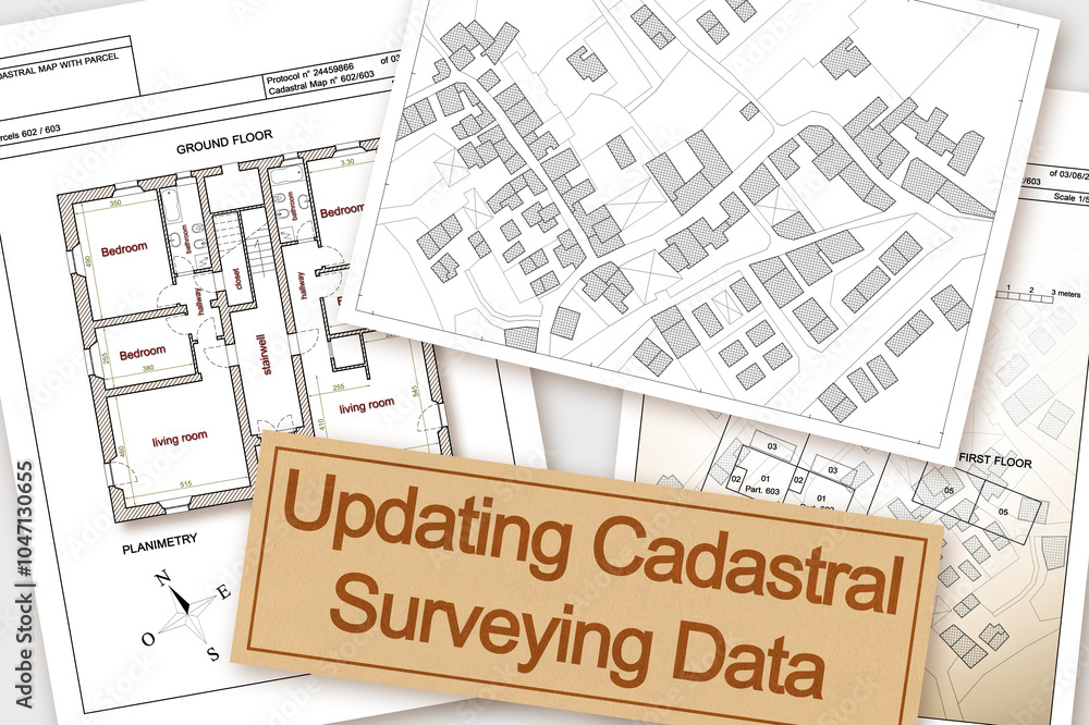 Poster updating public cadastral digital surveying databases and information about land registry - concept 