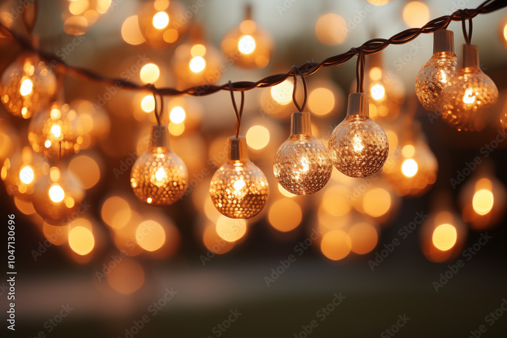 Poster string of warm white globe lights with bokeh background