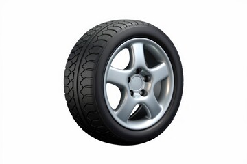 Obraz premium A black tire with a silver alloy wheel rim isolated on a white background.