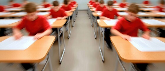 Obraz premium Students in red shirts taking an exam in a classroom setting, focused and concentrated on their written tests.