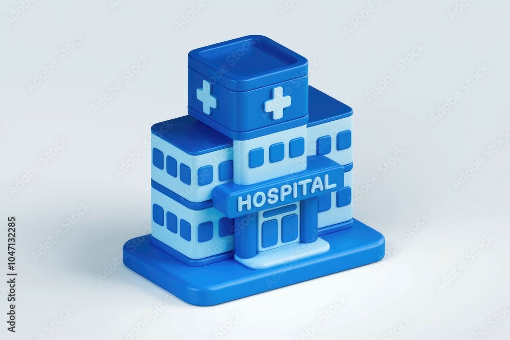 Poster a 3d rendering of a blue hospital building with a cross on top.