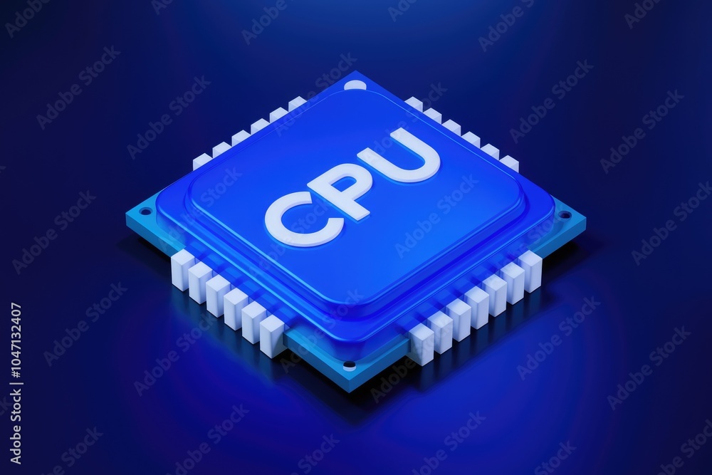 Poster A blue  3D rendering of a computer processor labeled CPU.