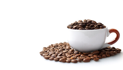 Obraz premium Coffee cup with coffee beans on side position provides copy space for text. background concept isolated white
