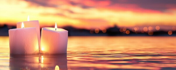Tranquil candles glowing on still water during sunset, creating a serene and peaceful atmosphere.