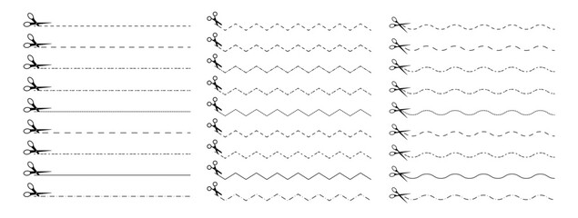 Set of scissors cutting along various straight, wavy, and dotted lines, offering diverse options for creative projects. Editable stroke