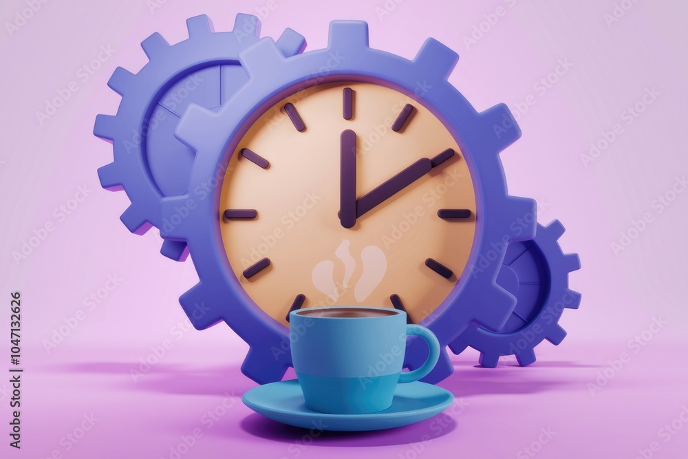 Poster a blue coffee cup with steam sits in front of a clock and gears symbolizing time and caffeine.