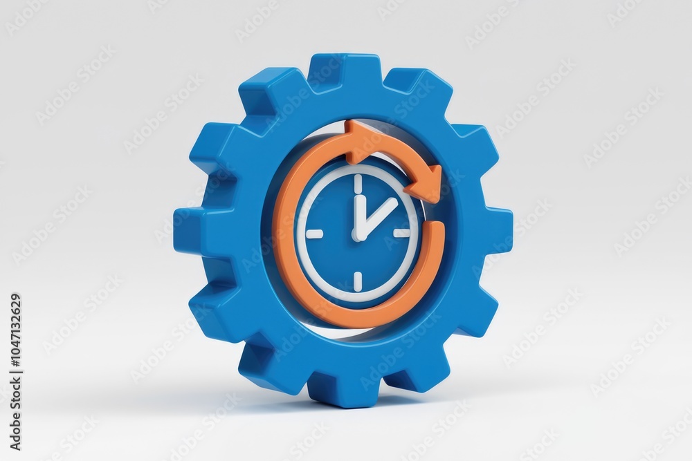 Aufkleber a blue gear with an orange clock and arrow symbolizing time management.