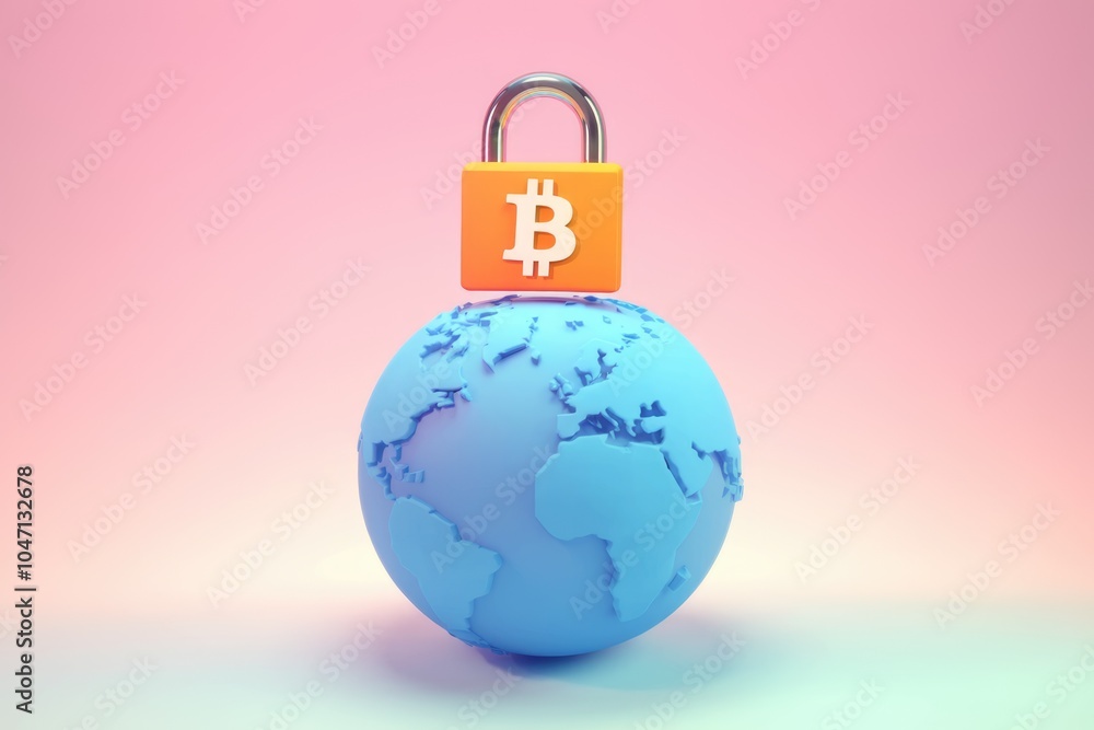 Aufkleber A padlock with a Bitcoin symbol sits on top of a globe  symbolizing security and global reach.