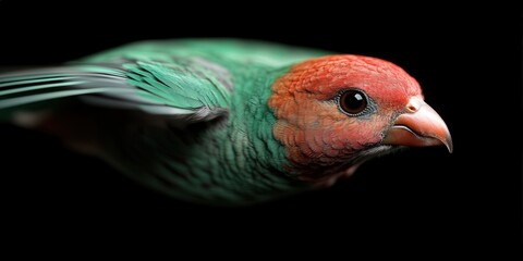 Fototapeta premium Red Headed Parrot Flying Close Up with Black Background