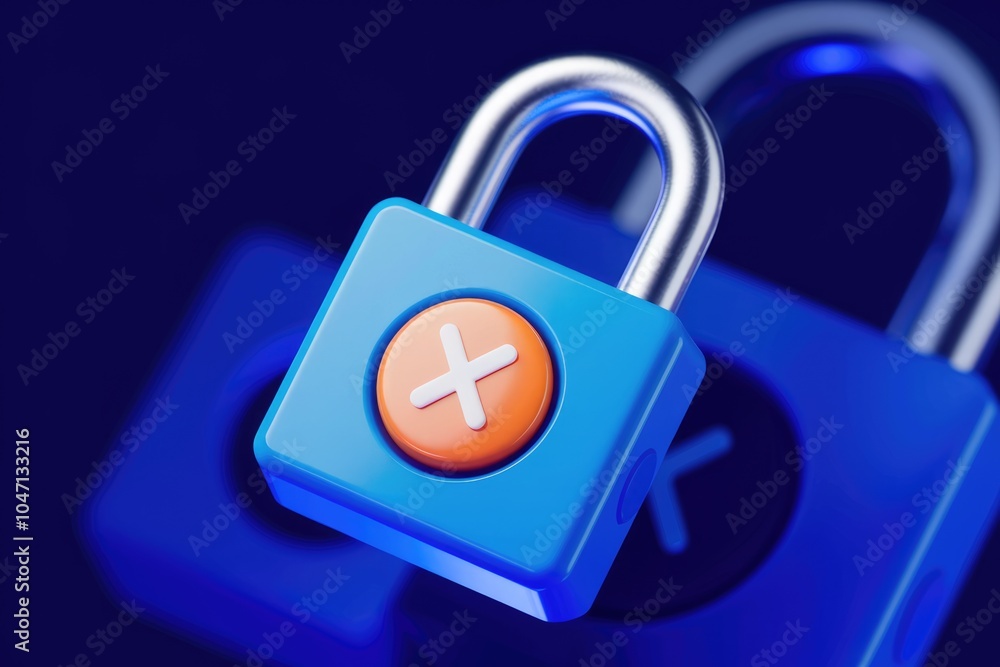 Poster A blue padlock with a white X on an orange button  representing data security breach.
